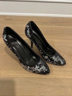 Sequined Black Pointed-Toe Stiletto Heels